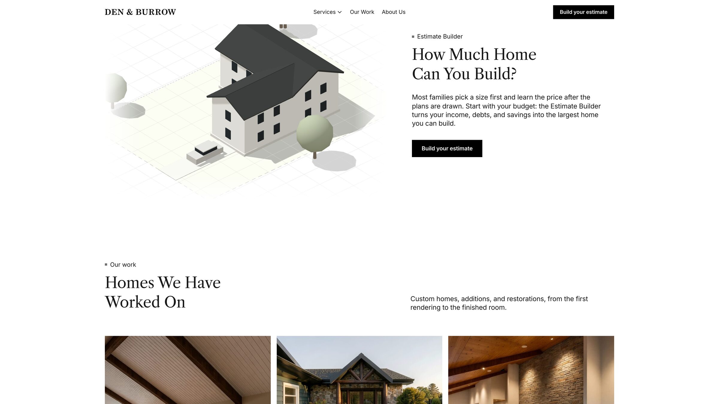 Den & Burrow Estimate Builder with a 3D house