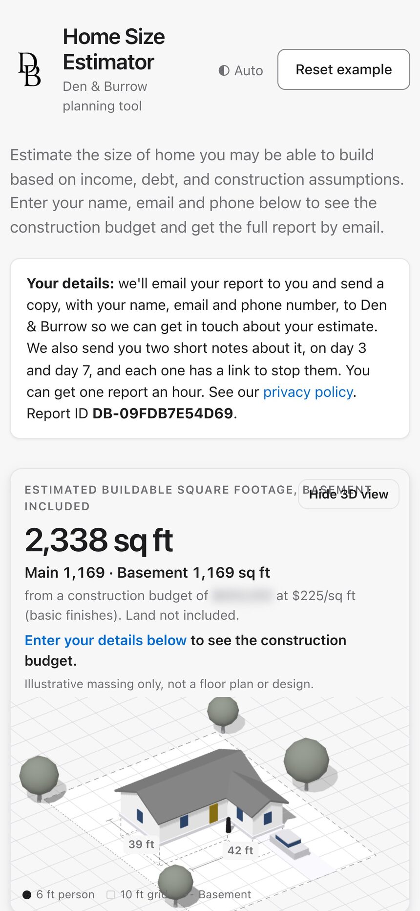 Den & Burrow Estimate Builder on a phone