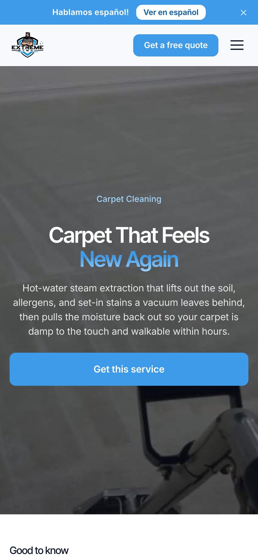 Extreme Steam carpet cleaning page on a phone