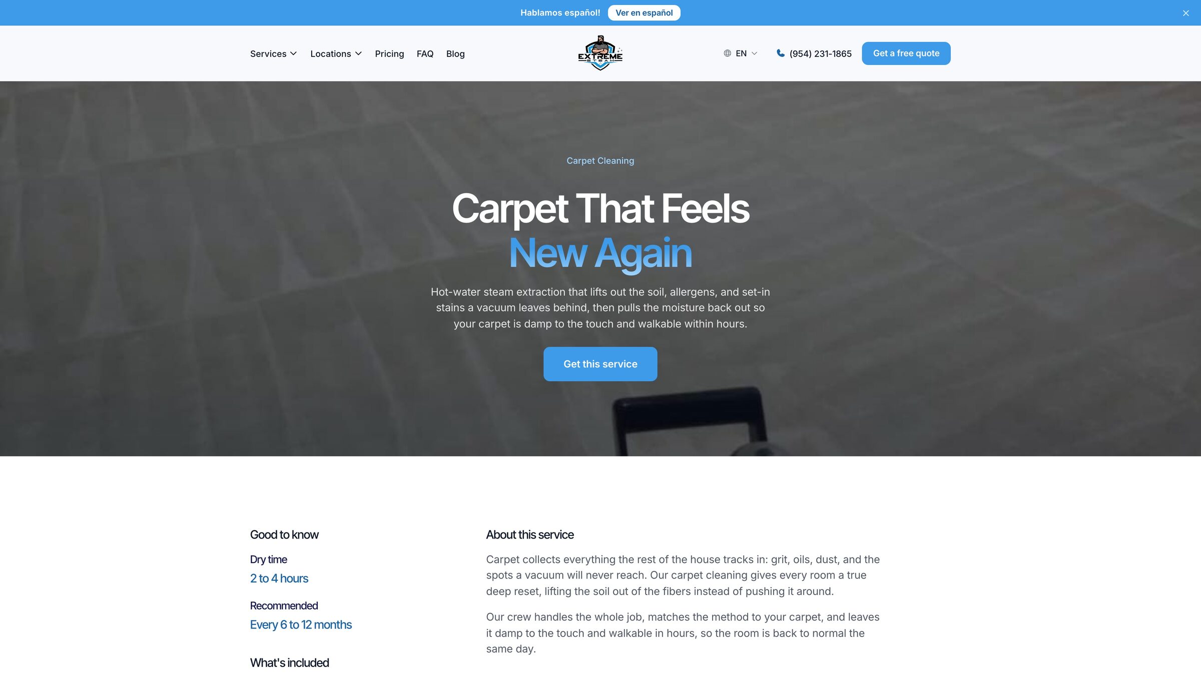 Extreme Steam carpet cleaning service page