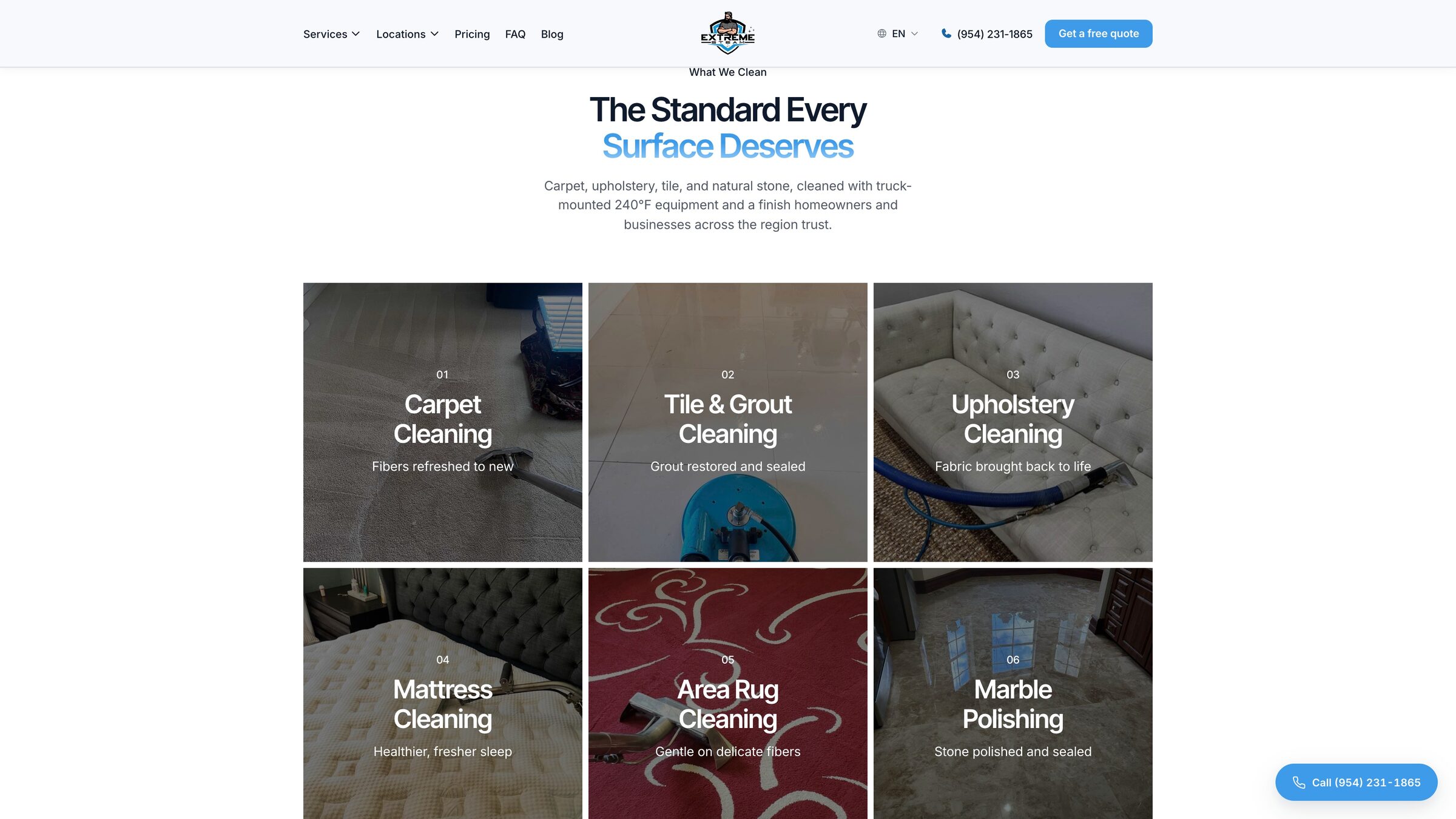 Extreme Steam services grid with fourteen cleaning services