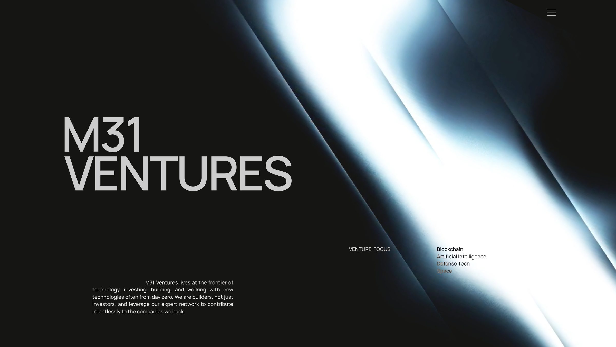 M31 Ventures homepage: venture focus on blockchain, artificial intelligence, defense tech and space