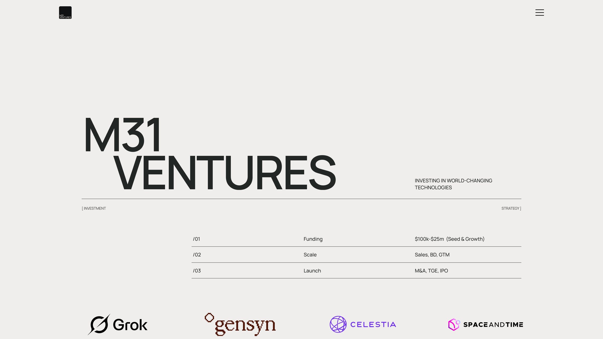 M31 investment strategy: funding, scale and launch