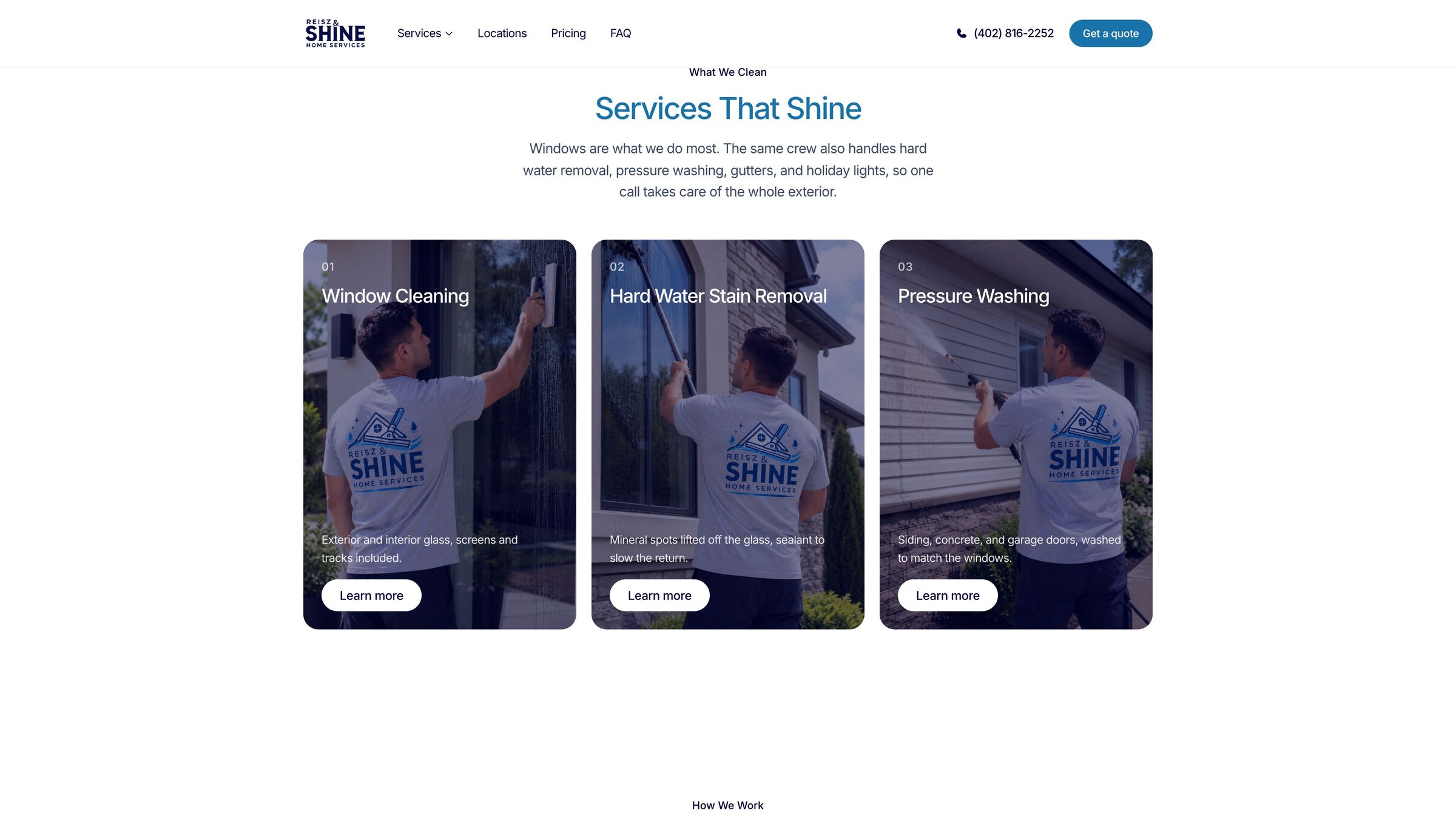 Reisz & Shine services: window cleaning, hard water stains, pressure washing, gutters
