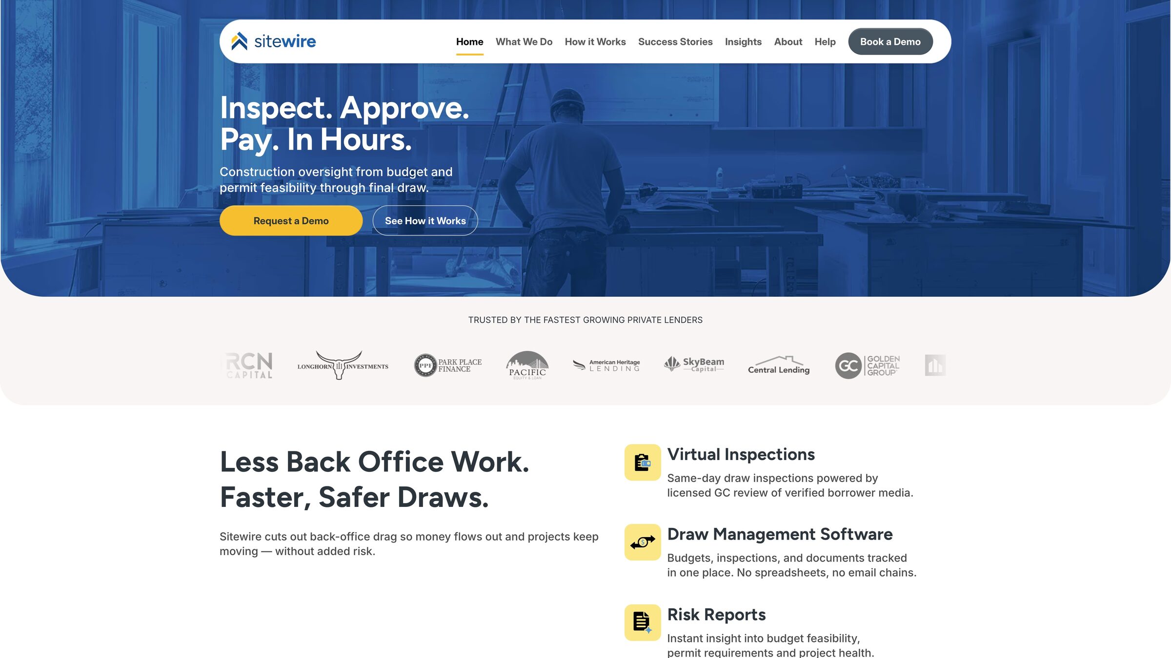 Sitewire homepage: Inspect. Approve. Pay. In Hours.