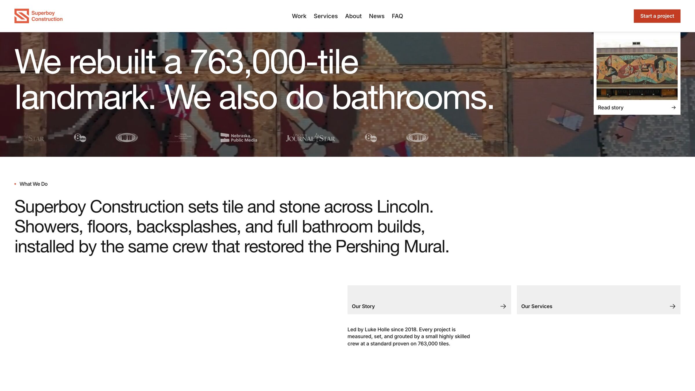 Superboy Construction homepage: we rebuilt a 763,000-tile landmark