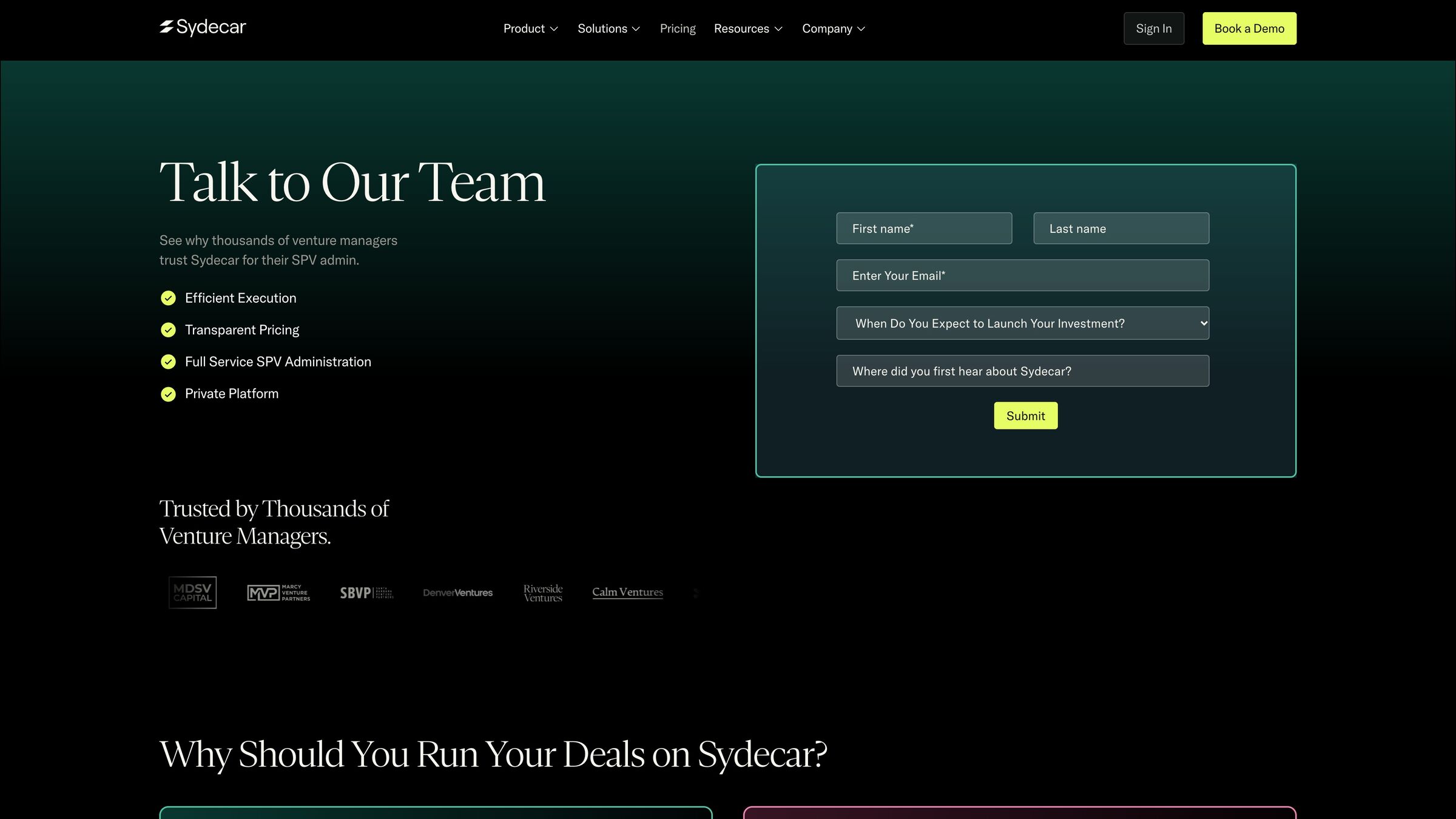 Sydecar book a demo page