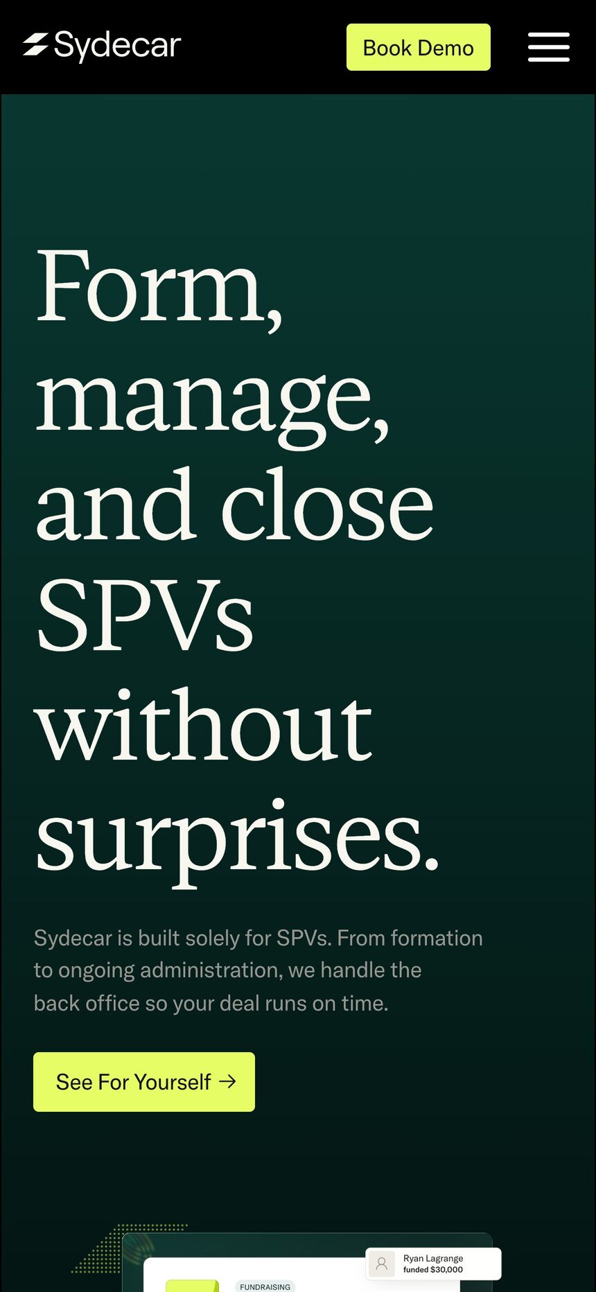Sydecar homepage on a phone