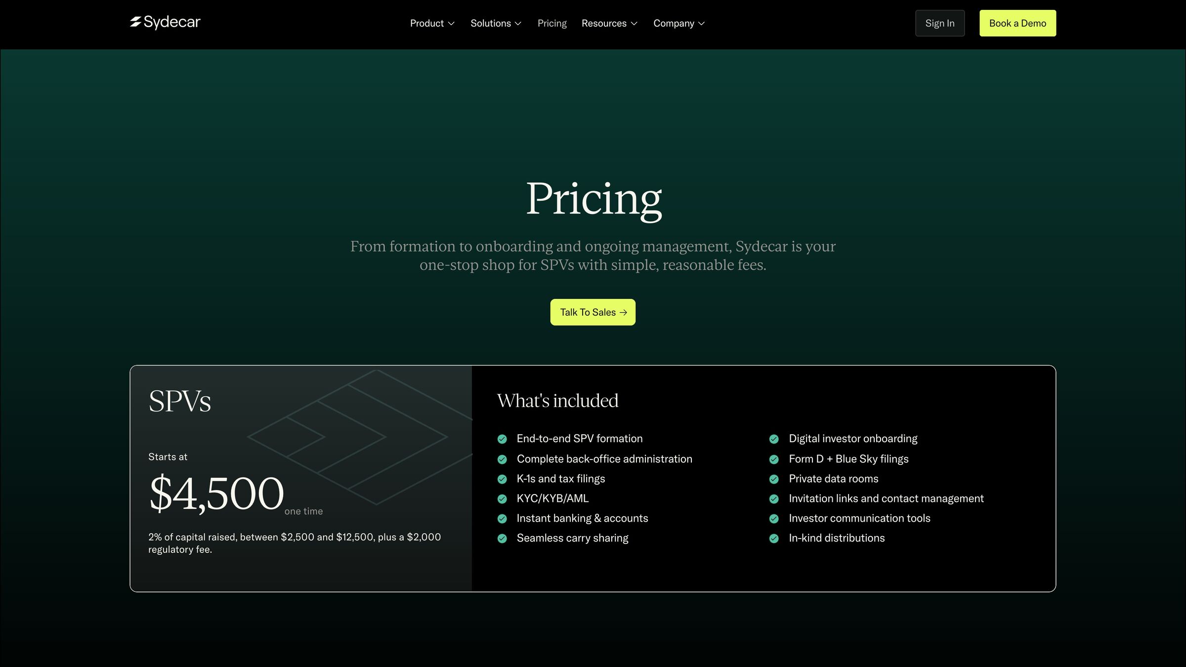 Sydecar pricing page